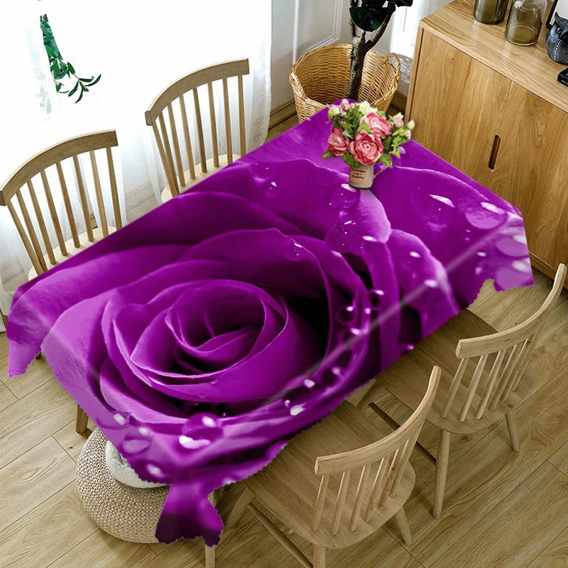 

Beautiful Purple Rose Pattern Waterproof Oilproof Rectangular Polyester Tablecloth Home Decor Wedding Party Kitchen Table Cloth