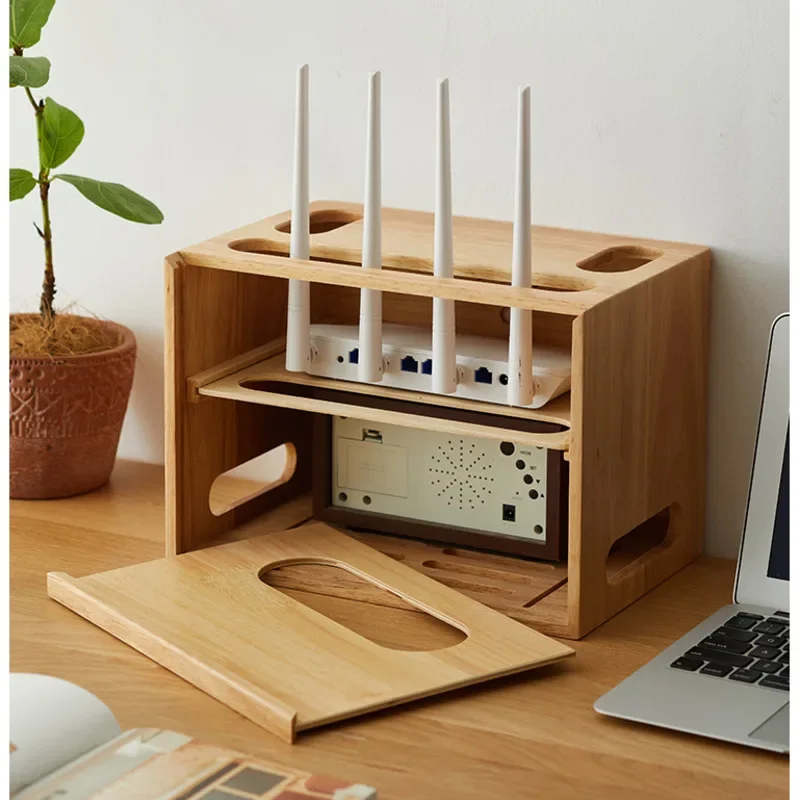 WiFi Router Storage Box Solid Wood TV Set Top Boxes Socket Wires Organizing Shelf Space Saving Wireless Living Room Organizer