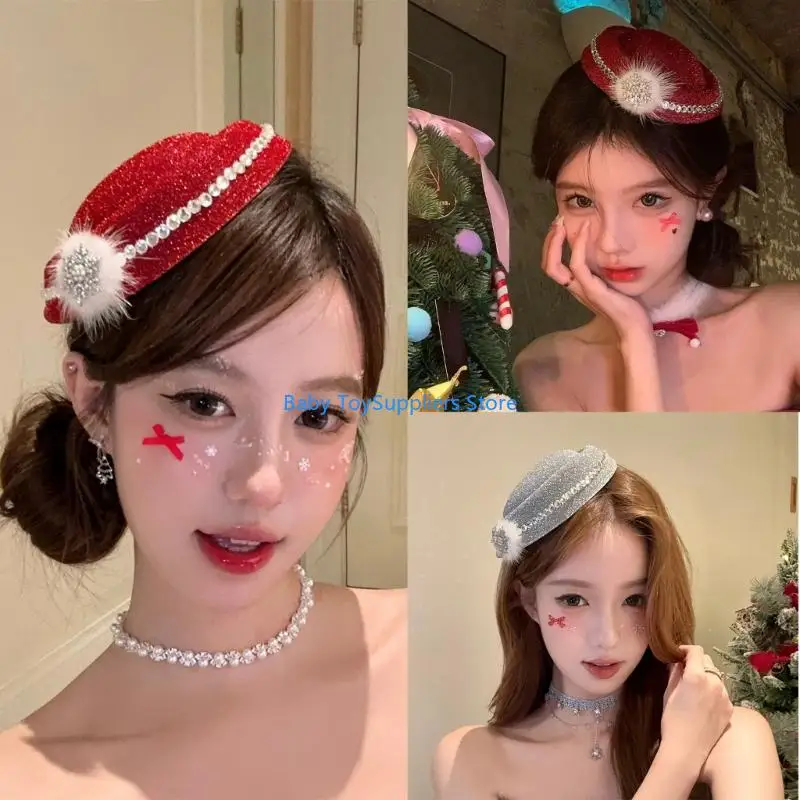 

R1WF Elegant Silver Hat Sparkling Snowflake Top Hat Hair Clip for Evening Party