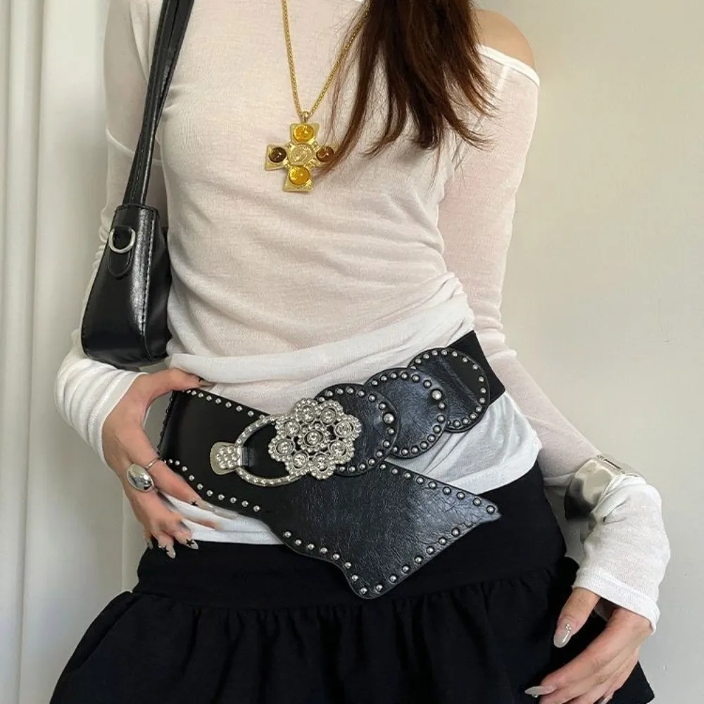 الرجعية برشام الرجعية الشارع برشام حزام Harajuku حجر الراين زهرة واسعة حزام Y2K الجمالية بولي Leather حزام جلد فتاة