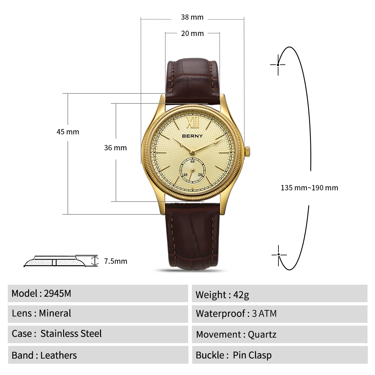 BERNY Orologi al quarzo da uomo in oro 18 carati Movimento svizzero di BERNY Orologi al quarzo da uomo in oro 18 carati Movimento svizzero di