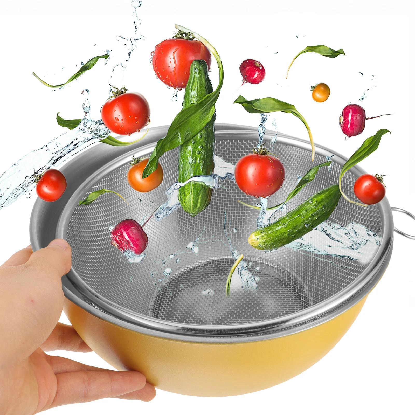 

1Set Stainless Steel Strainer Basket Fine Mesh Washing Basin Vegetable Fruit Drainer Rice Cleaner Kitchen Colander