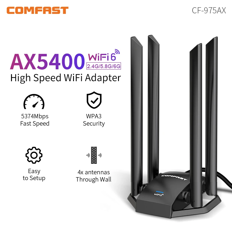 

CF-975AX AX5400 WiFi6 Adapter 2.4G&5G&6G Tri-band 5374Mbps High Speed Wireless Network Card USB3.0 Gaming Dongle 4*5dBi Antennas