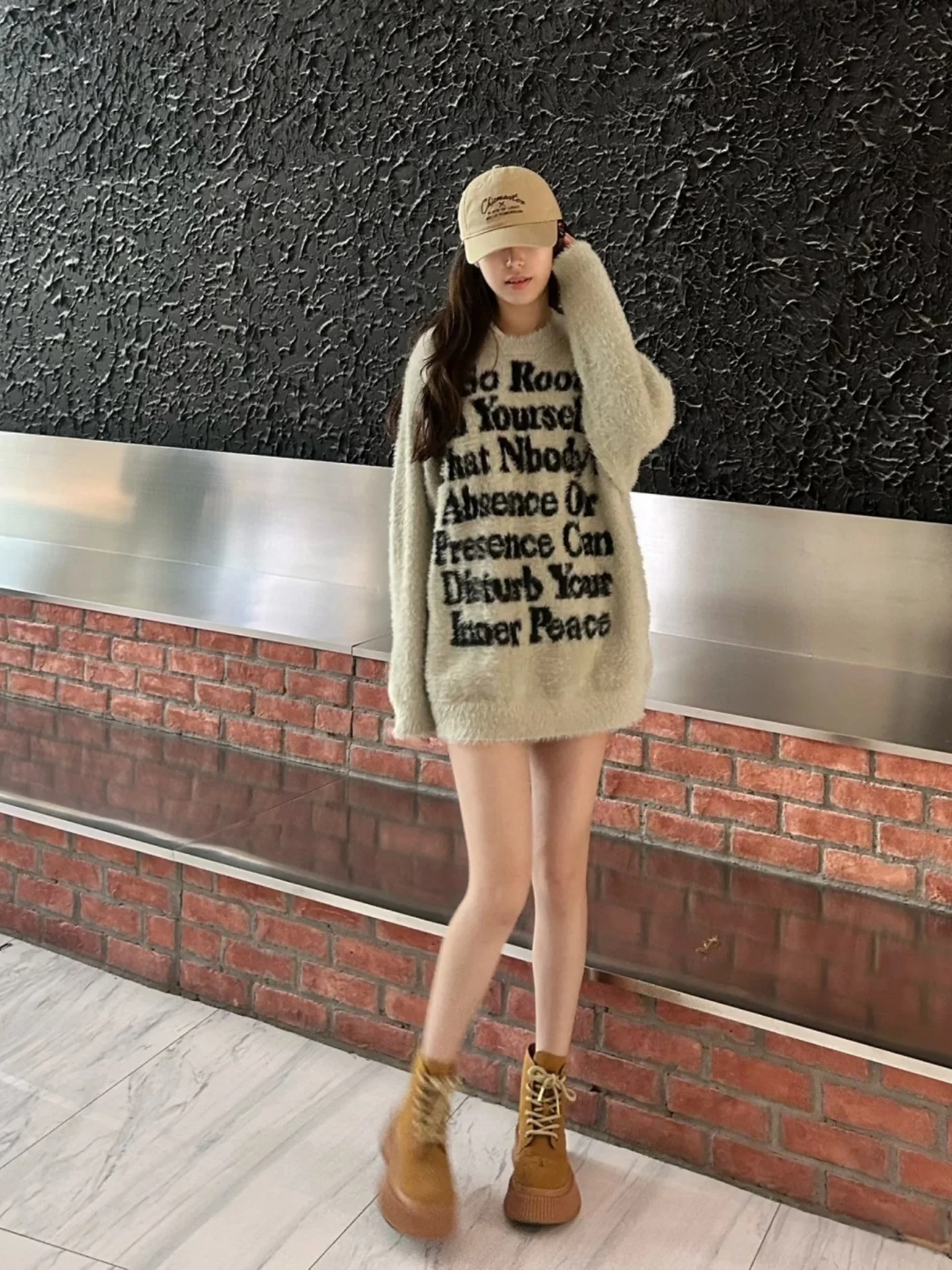 

American Sle Water Rabbit Fur Letter Sweater Men's Winter Casual Loose Fit round Ne Knitted irt Street Sle Top