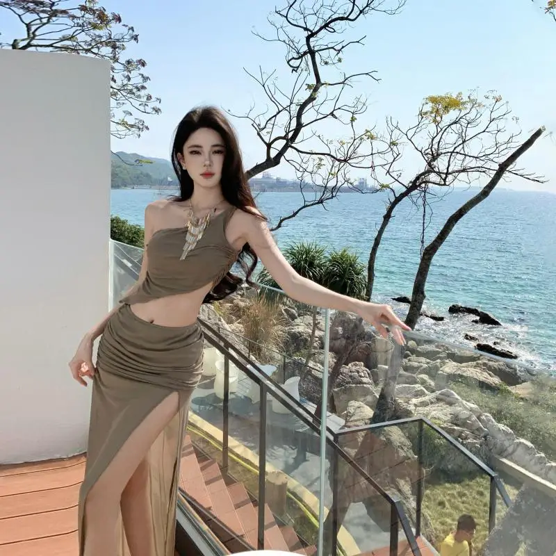 

Бикини с открытой спиной, длинная юбка, женский сексуальный топ без рукавов, плиссированные женские юбки с разрезом по бокам, весна 2021, леди, отдых, пляжная вечеринка