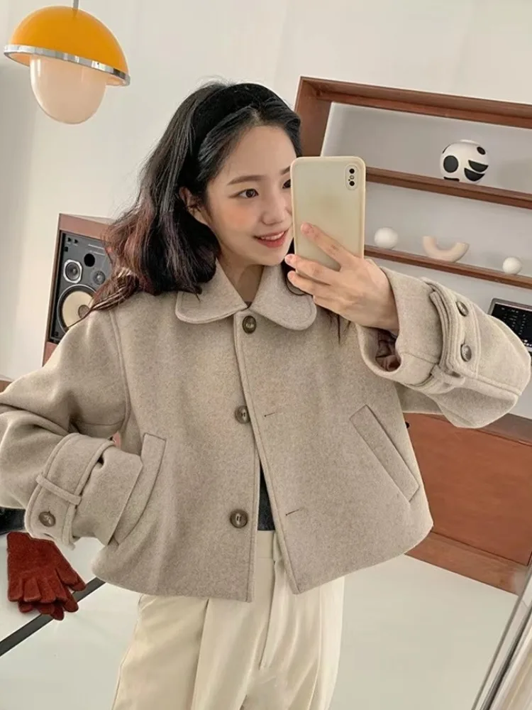 

Korean Sle Sweet Youthful Doll Collar Tee Button ort Silk Woolen Coat Two Colors Casual Versatile Women's Outerwear