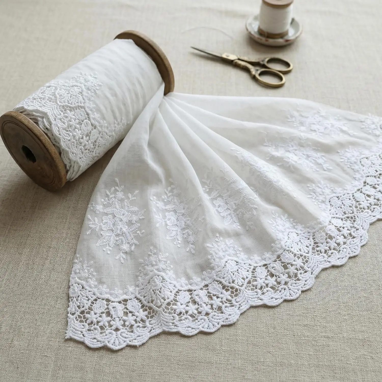 Eyelet Lace Trim 3Yard 14Inch Wide White Cotton Lace Ribbon Embroidery Ruffle Craft Lace for Sewing, Baby Clothes, Pets Clothes