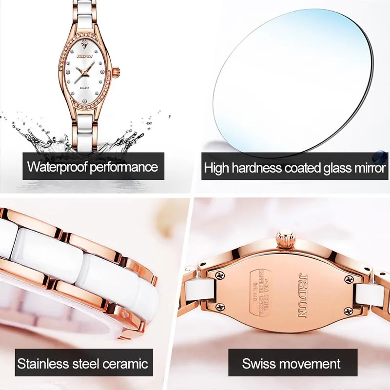 JSDUN Top Brand High Quality Fashion Ceramics Watch Women Simple Rose Gold Mechanical Clock Women Dress Watch Gift Reloj Mujer