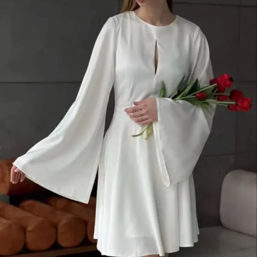

WXOY Elegant Women Satin Mini Dress Backless Flared Long Sleeve Sexy Back A-line Flowy Summer Dresses