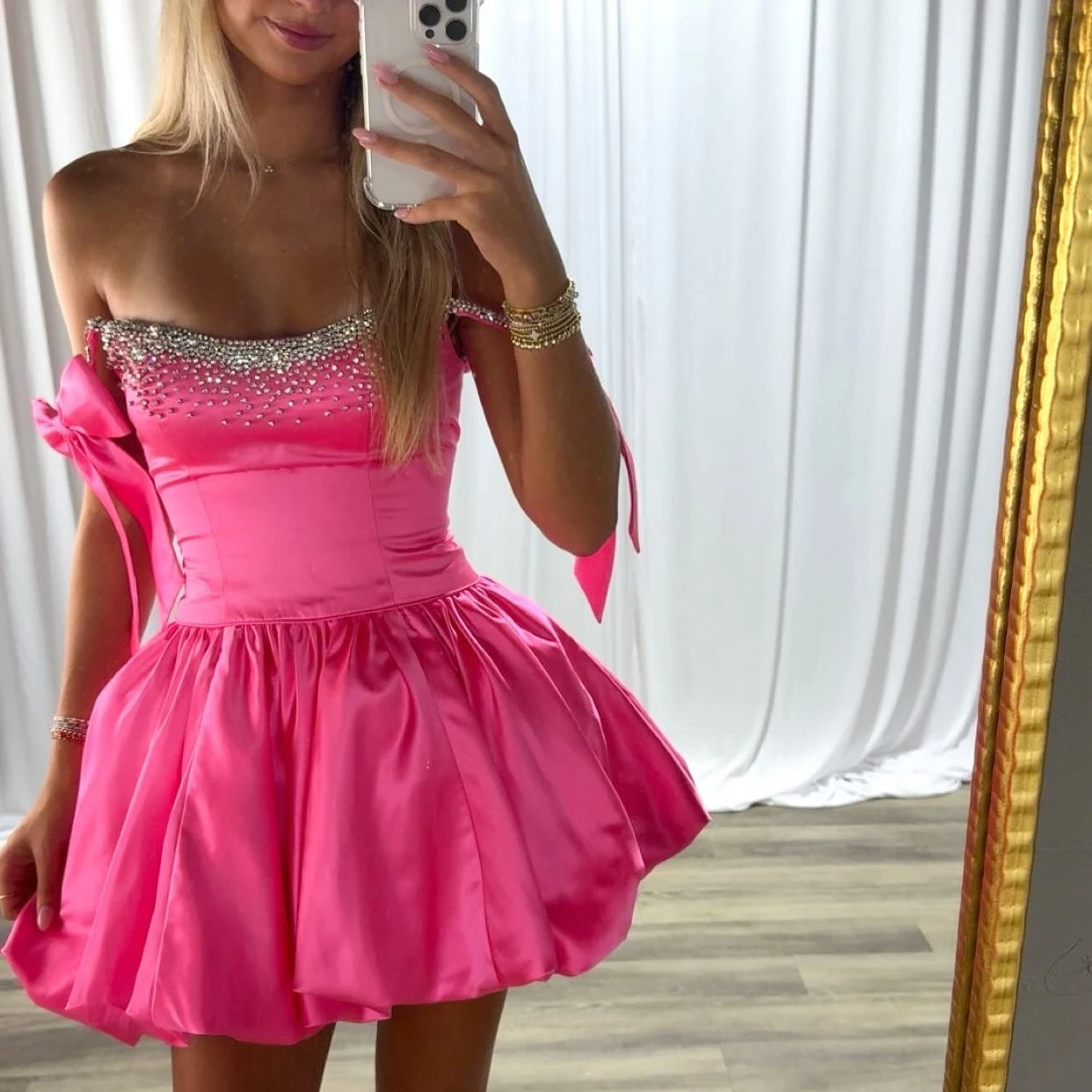 

Pink Cocktail Club Party Dress Bow Crystal Straps Mini Sweet 16 Semi Formal Hoco Gala Graduation Gown Pageant Interview Holiday