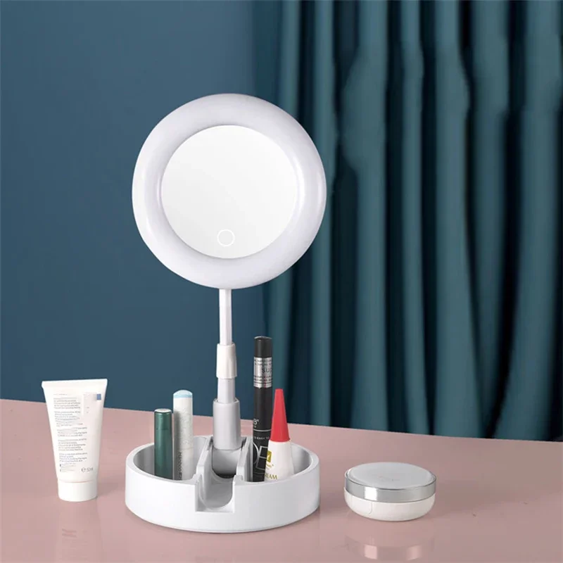 

Cute LED Makeup Mirrors Electric Led Light Dressing Table Multifunct Foldable Mirror Jewelry Storage Espejo Aesthetic Room Decor