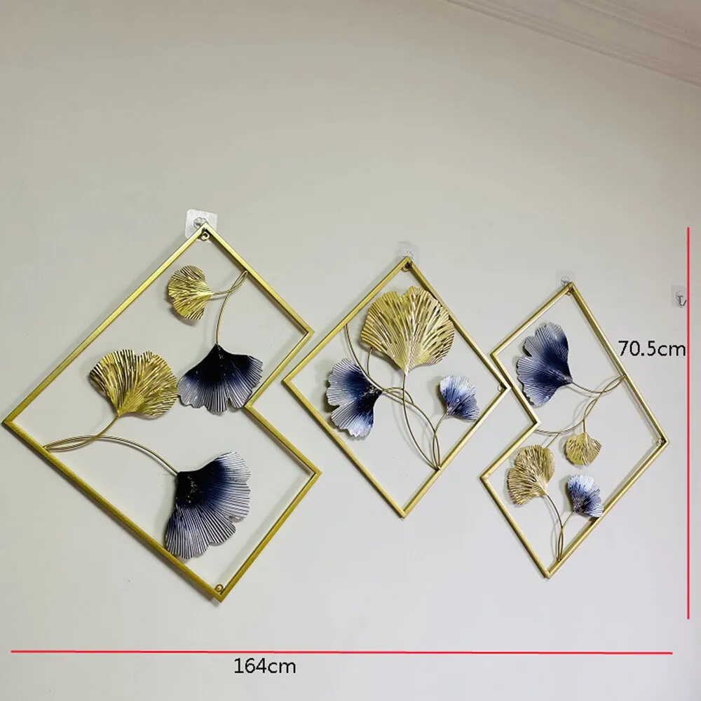 3Pcs 164 x 70.5 cm Metal Wall Art Hanging Sculpture Decor 3D Ginkgo Gold & Blue