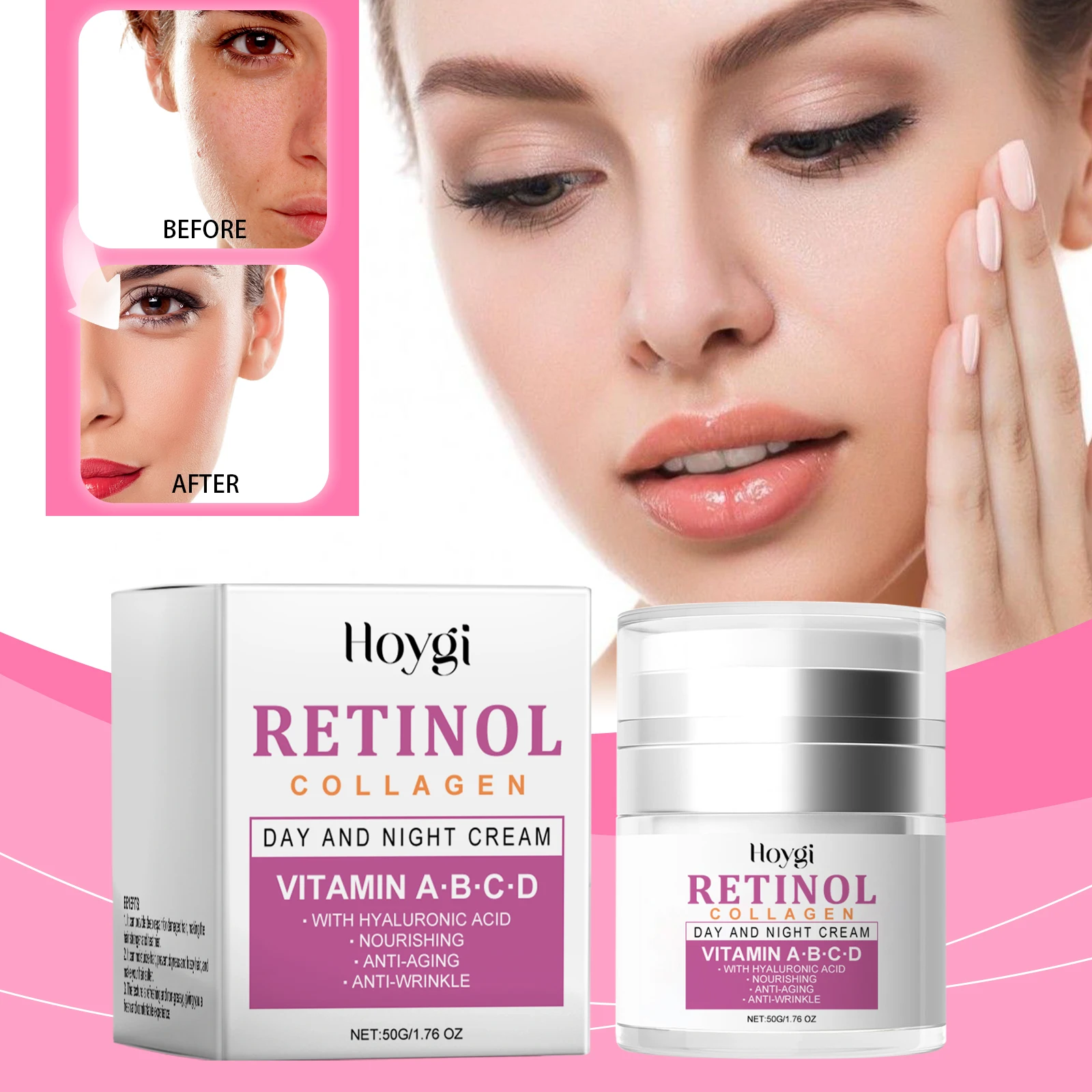 Retinol Collagen Day & Night Cream - Anti-Aging Face Moisturizer with Hyaluronic Acid & Vitamins A-D - 50g/1.76oz