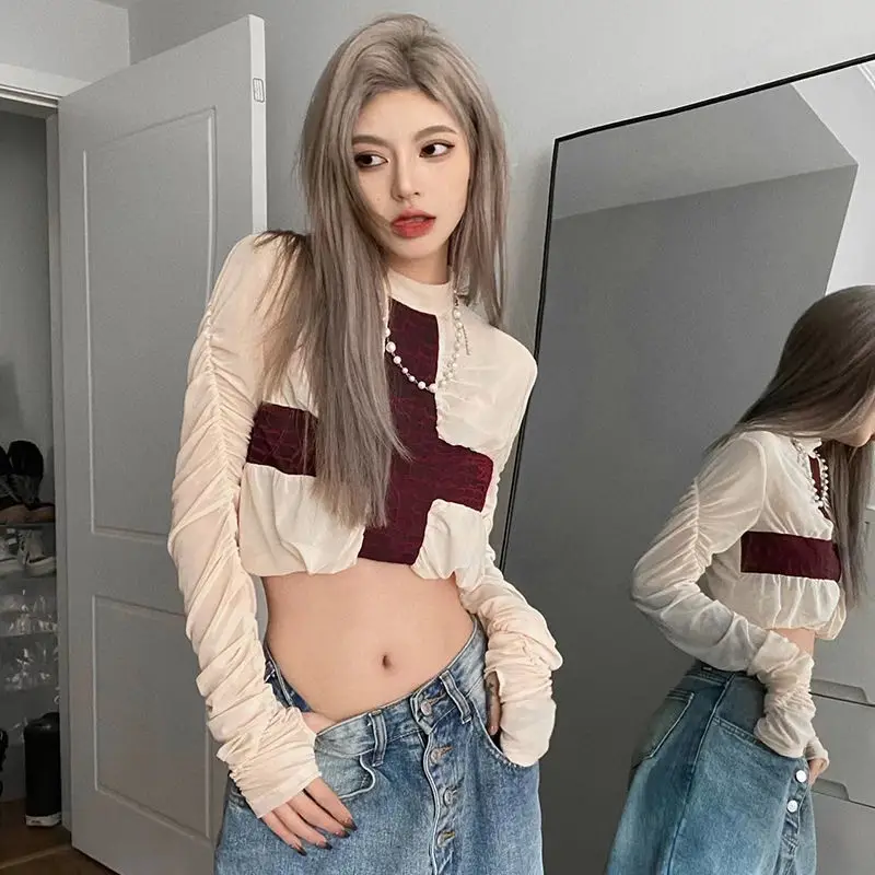 

Thin T-Shirt With Pleated Design Women See-Through Turtleneck Streetwear Daily Casual And Versatile Summer Slim Sexy Tops