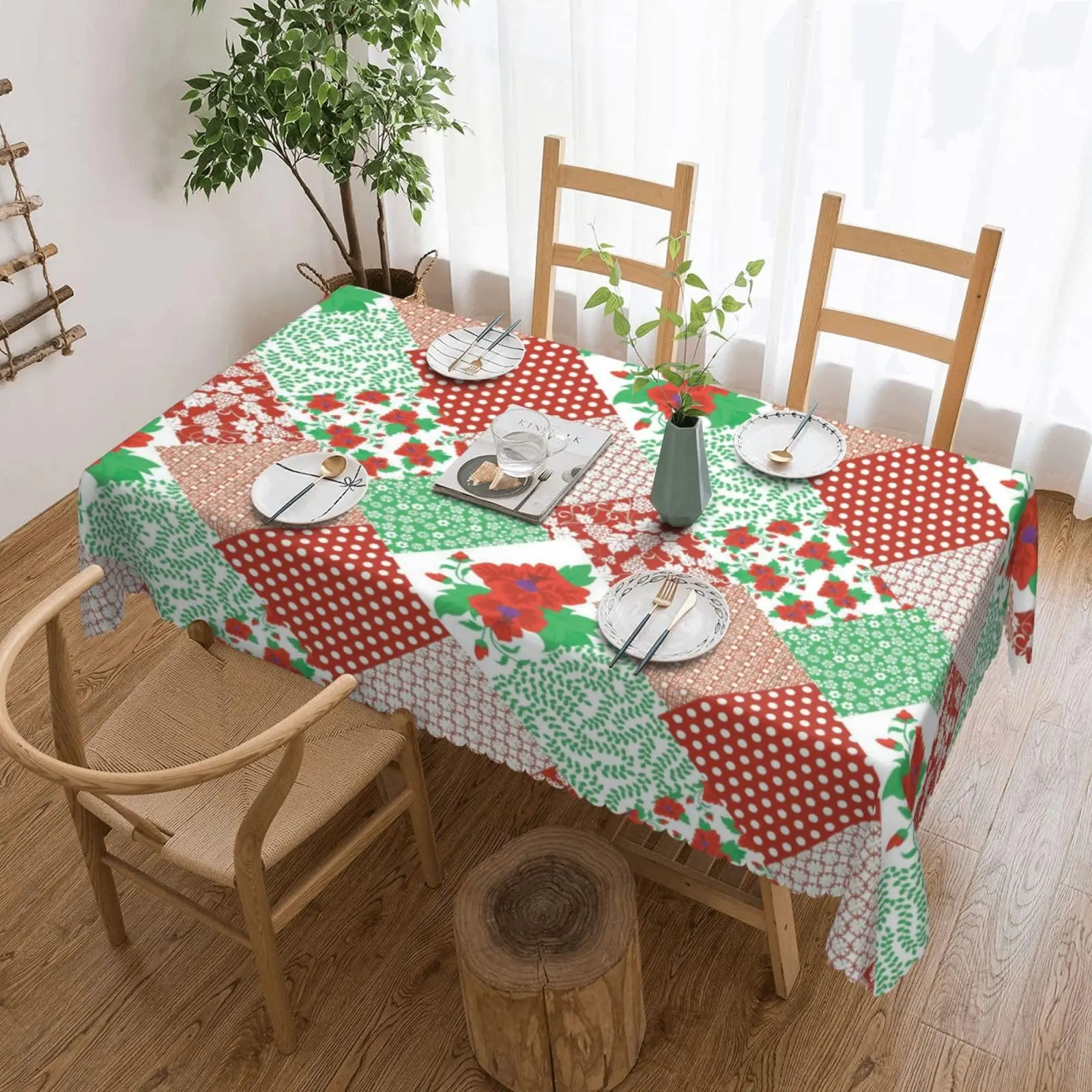 Floral Patchwork Rectangular Tablecloth, Teal Trellis Flower  Wavy Border Polyester Table Cloth for Dining, Kitchen,