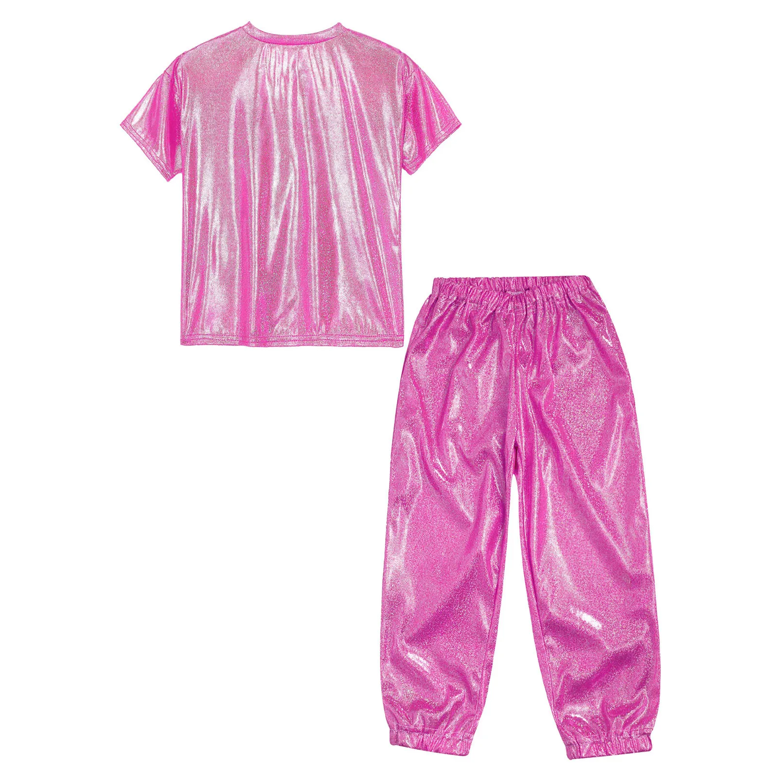 Kids Metallic Hip Hop Jazz Street Dance Stage Performance Costume Set Shiny T-shirt with Pants School Show Birthday Party Outfit