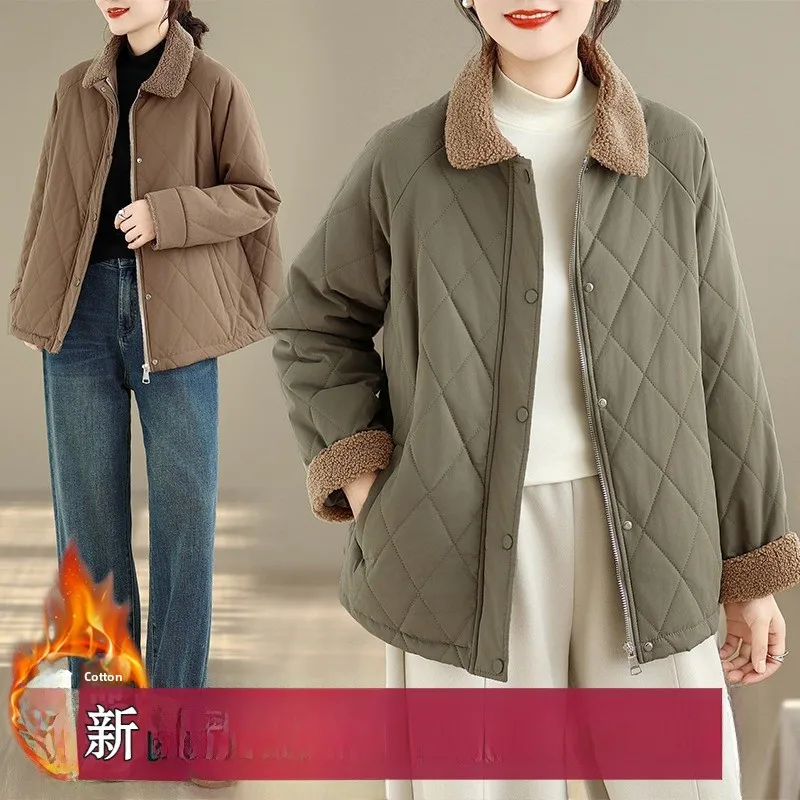 

Зимнее стеганое пальто с ромбовидным узором, повседневное свободное пальто с лацканами, женская модная верхняя одежда из полиэстера и смеси хлопка