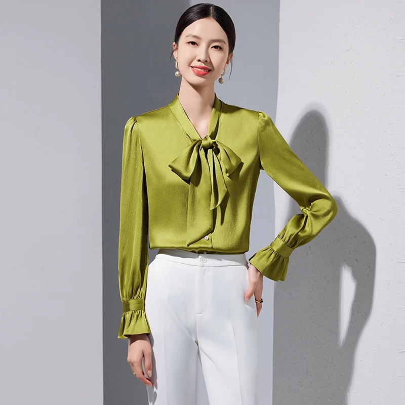 NAVIU Single Breasted Button Bow Tie V Neck Top Elegant Green White Blouse Office Wear Lady Work Shirt Spring Autumn