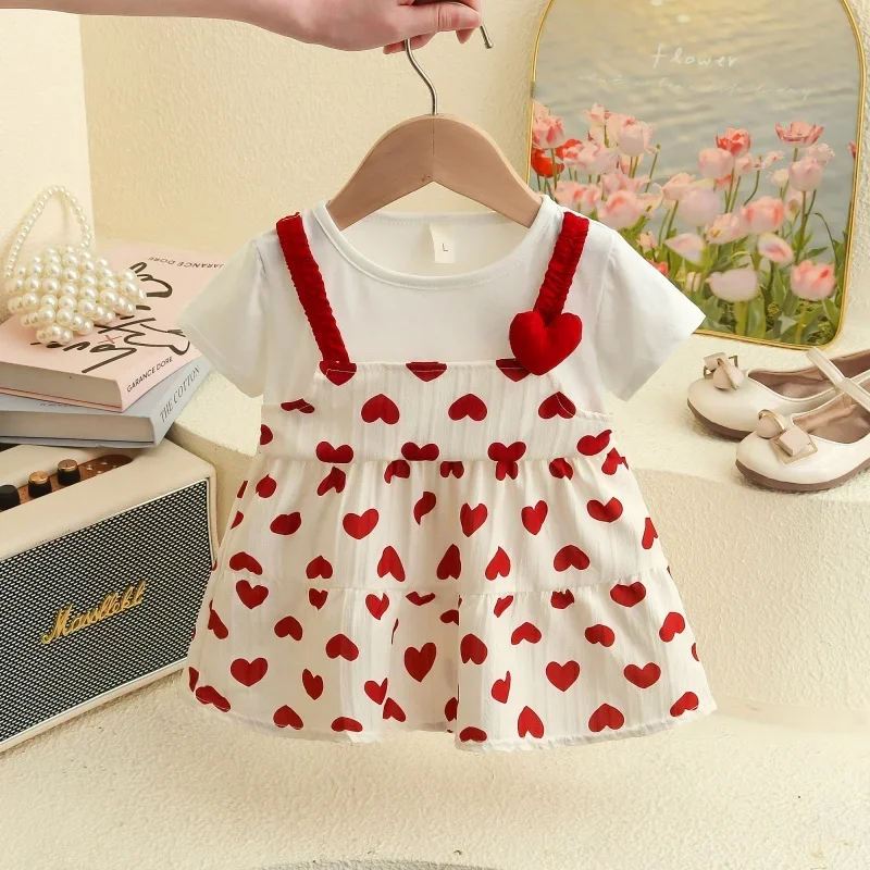 

Baby Dress Summer Full Print Love Fake Two Piece Baby Girl Dress Cute Short Sleeve Baby Girl Clothes