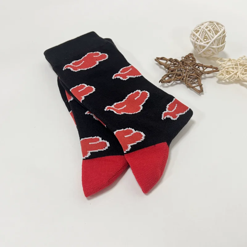 1 Pair Men\'s Red Auspicious Cloud Pattern, Fashion Personalized Mid-calf Socks Suit In All Seasons