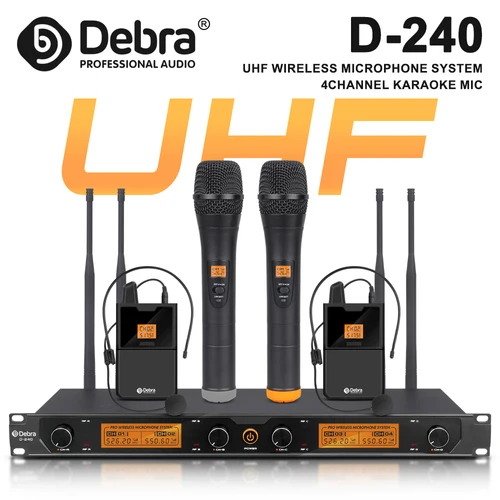 데브라 오디오 D-240 UHF 무선 마이크 시스템, 핸드헬드 헤드셋 포함, 노래방 프레젠테이션용 라발리에 마이크, 4 채널