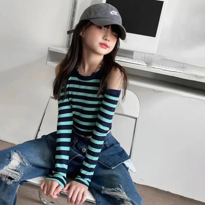 

Girls T Shirt Baby Pullover Tops Children Clothes Spring Autumn Tee Shirt Kids Striped Off Shoulder Skinny Stretchable 5-14Y