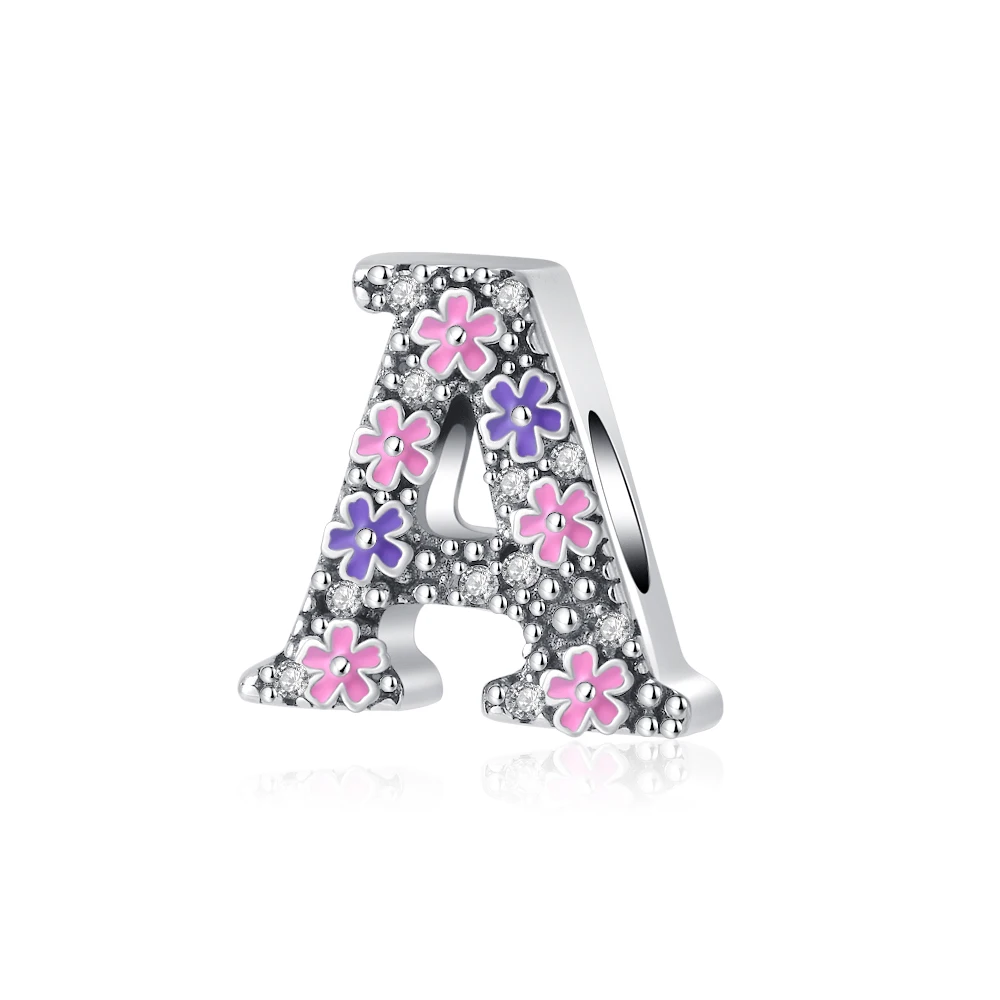 New 925 Silver DSC Purple Pink Flower 26 English Letter Charm Bead Protector Suitable for Original Bracelets Women's DIY Jewelry