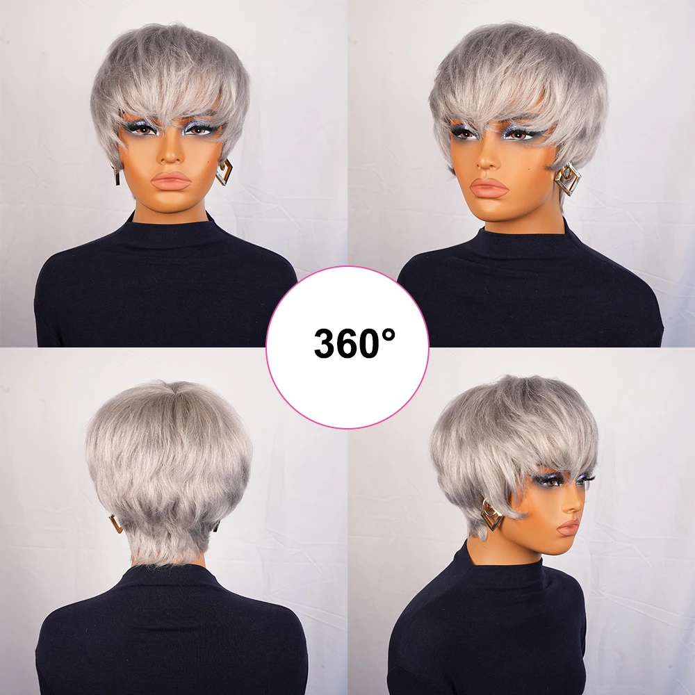 Серебристо-серые прямые парики из натуральных волос Короткий парик с стрижкой пикси Бразильские волосы с предварительно выщипанной челкой Машинное производство для женщин Ежедневное использование