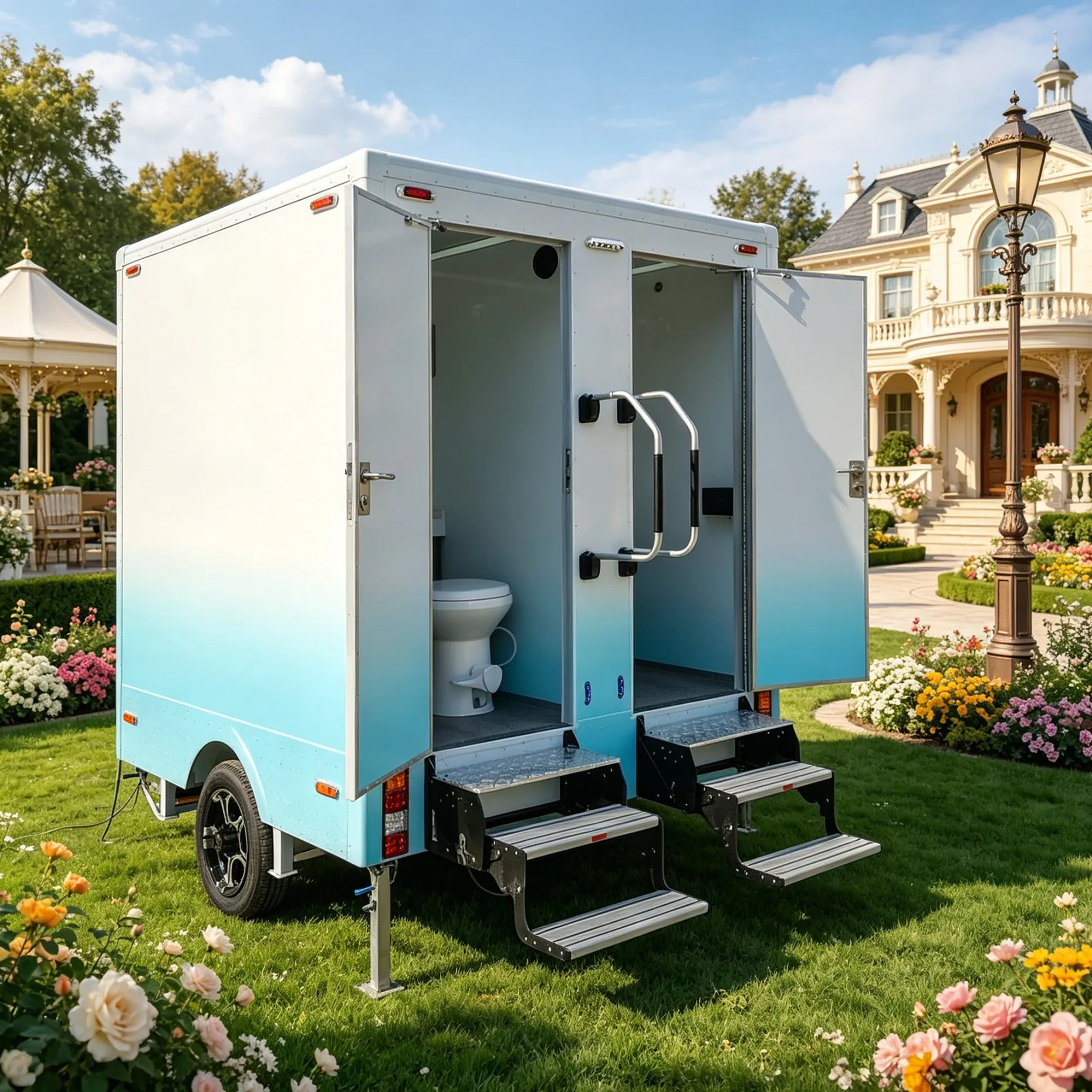 Innovative Outdoor Shower Trailer with Customizable Portable Restroom Features