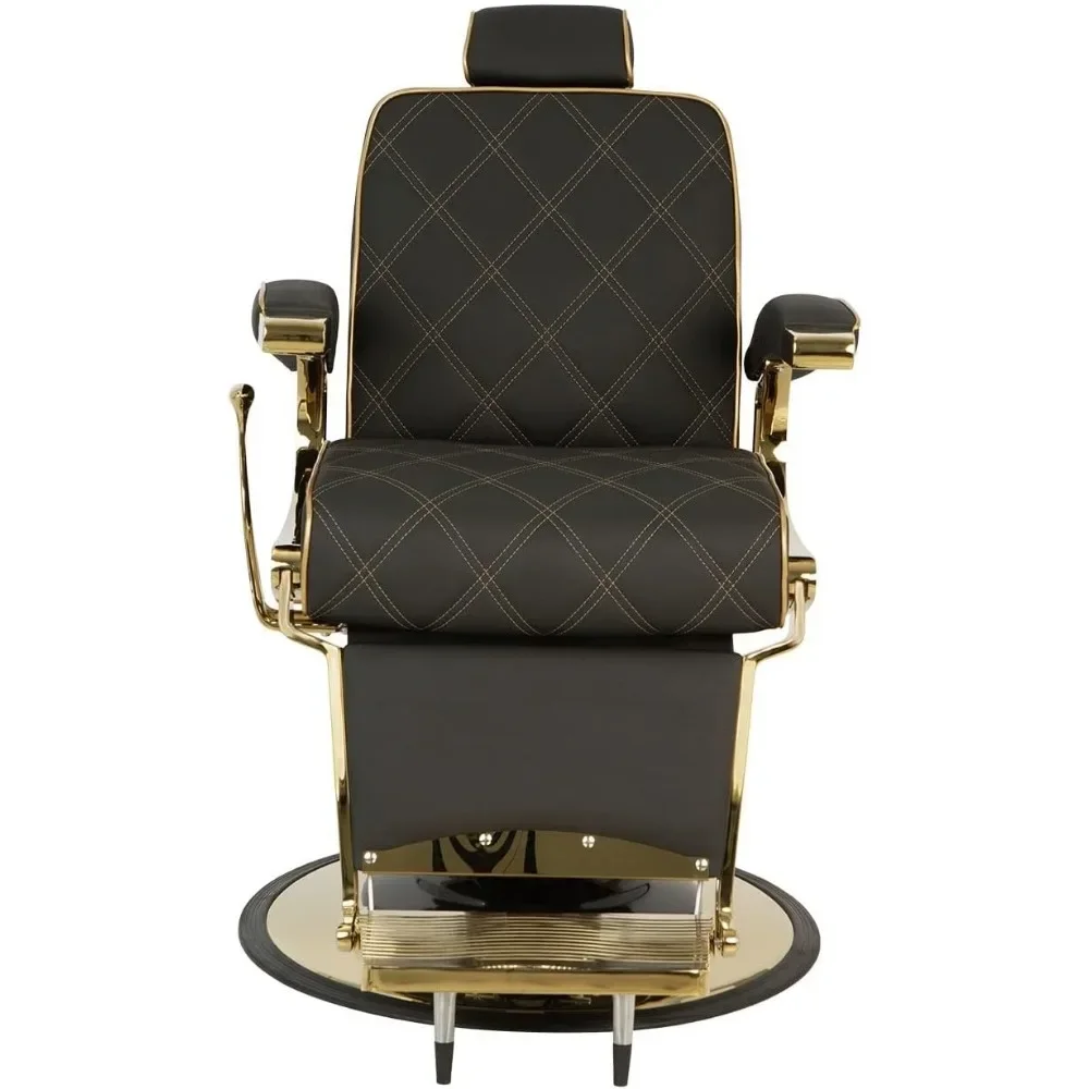 Barber Chair, Barber Chair With Stunning Gold Metal Frame, Gold Diamond Stitching & Gold Piping, Extra Wide Seat, Barber Chair