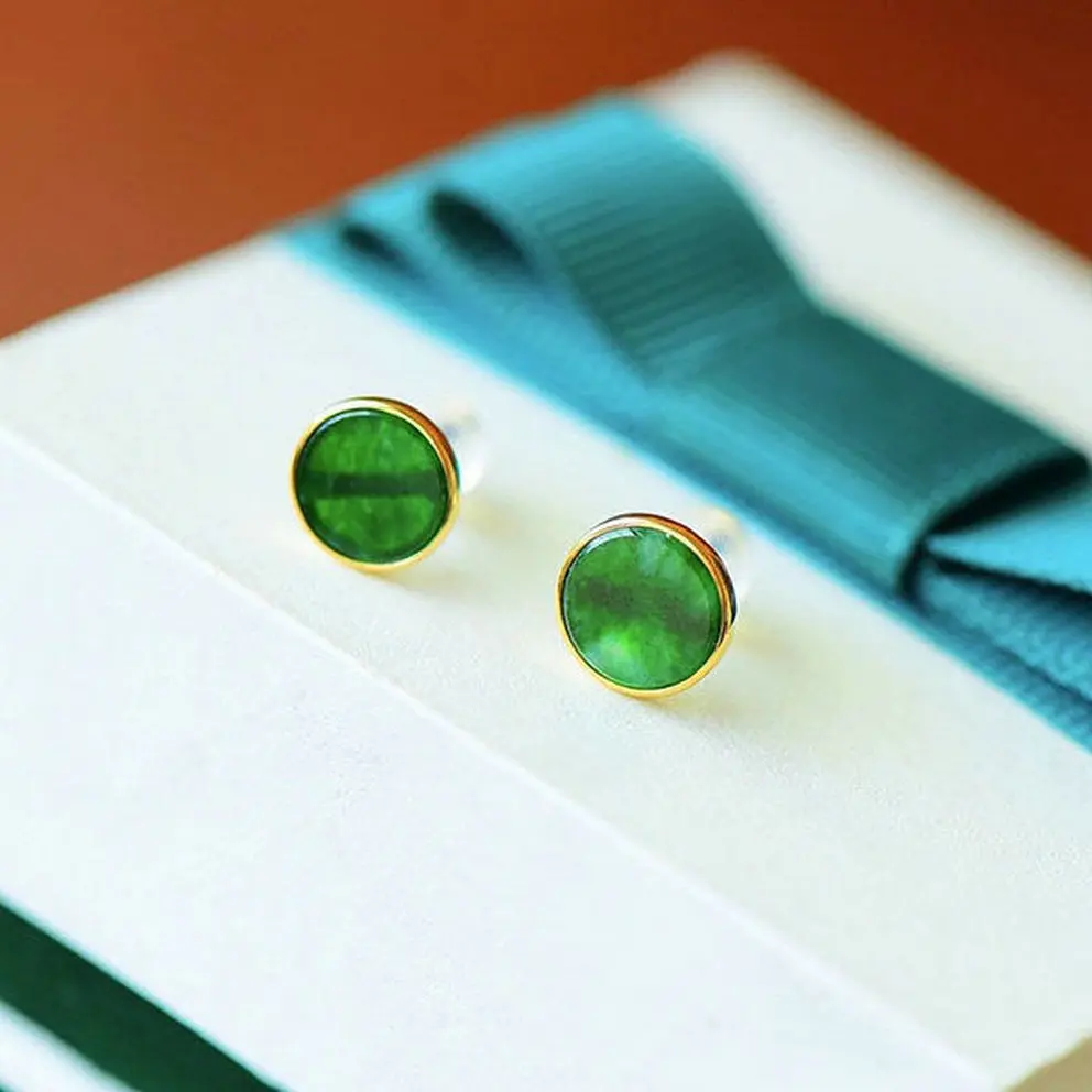 S925 Silver Round Stud Earrings with Natural Hetian Green Jade – Minimalist Chinese-Inspired Design, Perfect for a Touch