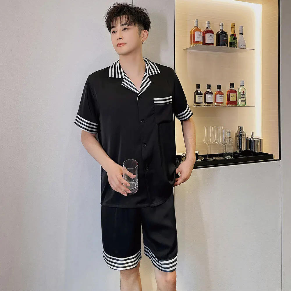 Autumn Men Satin Striped Turn-Down Collar Short Sleeve Shirt Shorts Pijama Sleepwear Pajama Nightwear Homewear