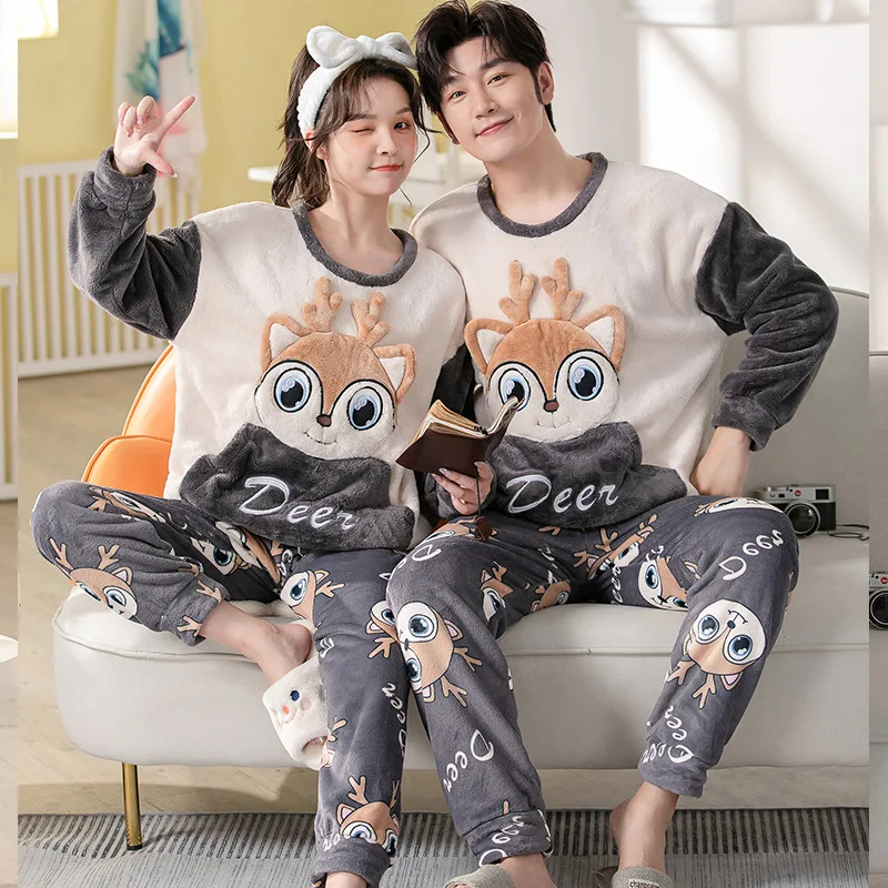 2PCS/Set Women\'s Coral Fleece Pajamas Fall and Winter Padded Thickened Home Clothing Set of Warm Pullover Can Be Worn Outside