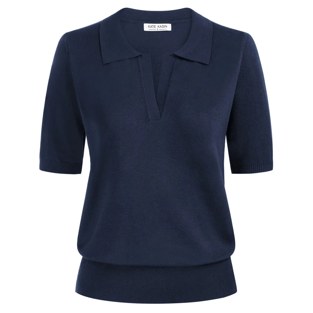 

KK Women Lapel Collar Sweater Loose Fit Short Sleeve Ribbed Hem Knitted Tops