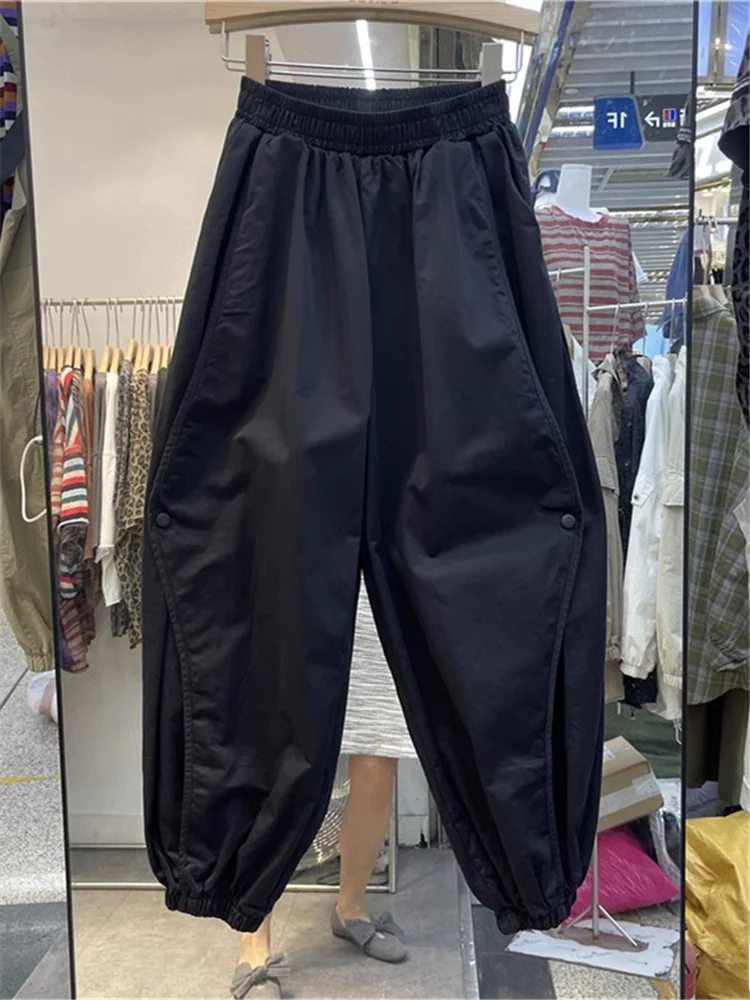 

Летние женские повседневные свободные брюки больших размеров с эластичным поясом, широкие штанины, укороченные, с высокой талией, в корейском стиле, для офиса и повседневной носки