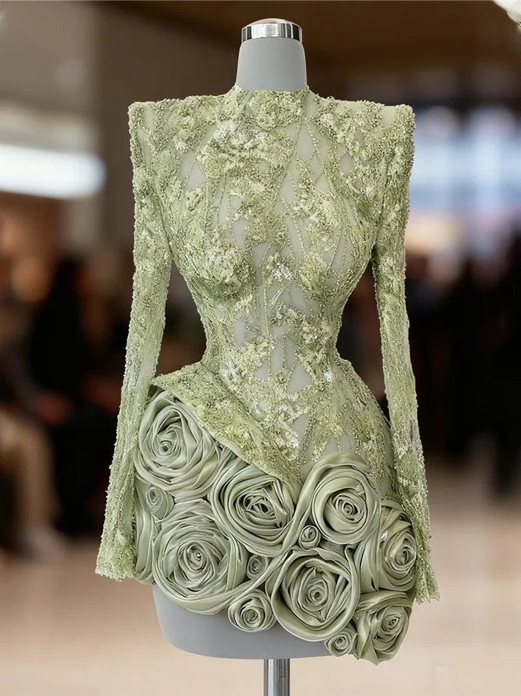 

Sexy Green Appliquins Beads Full Sleeve 3D Flowers Mini Formal Evening Dresses Cocktail Party Prom Gowns Customized
