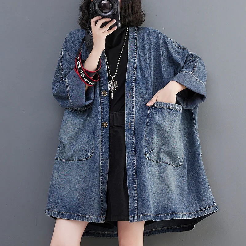 OHRYIYIE Large Size 6XL Vintage Denim Jackets Women 2023 Fashion Big Pocket Jean Jacket Female Blue Loose Oversize Trench Coat