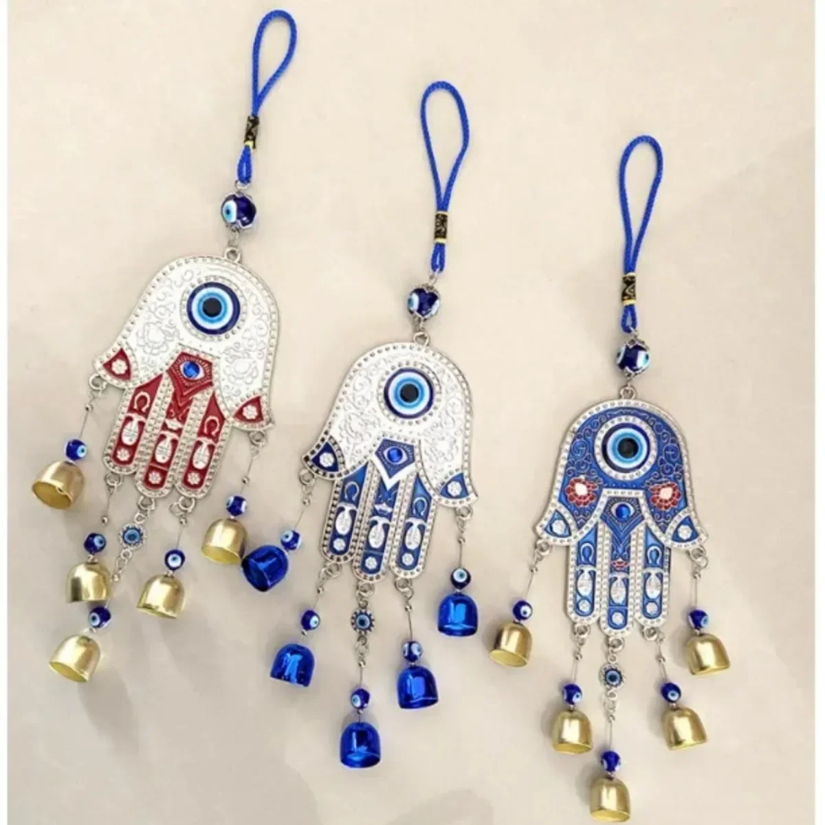 Hand Wind Chimes Wall Hanging Ornaments Fatima Turkey Blue Evil Eyes Metal Small Bell Pendant Outdoor Hamsa Garden Decoration