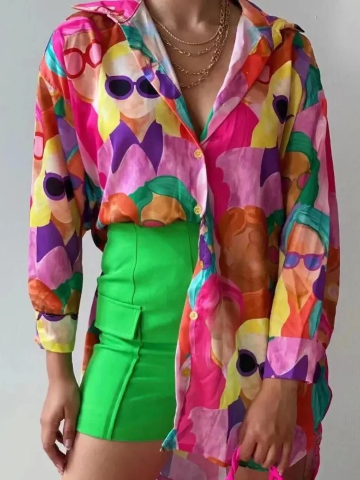 Casual impresso lapela cardigan feminino longo sve irt flip colarinho aberto frente lazer faion feminino primavera outono wear