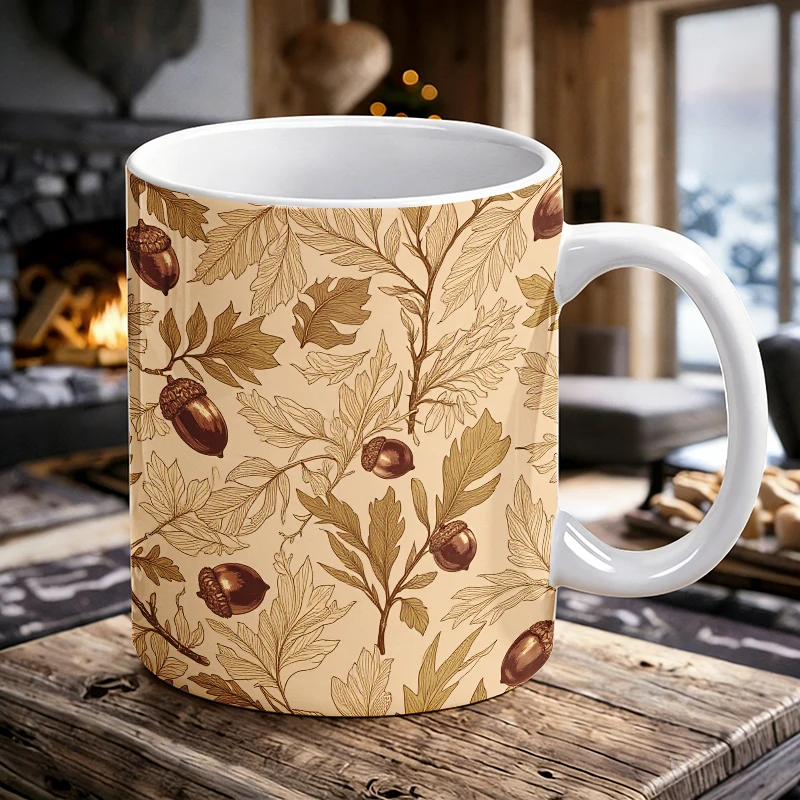 

Ceramic Coffee Mug with All-Over Print Vintage Oak Leaves & Acorns, Leaf Creativity Tea Cup, Gift for friend, Daily Home Use