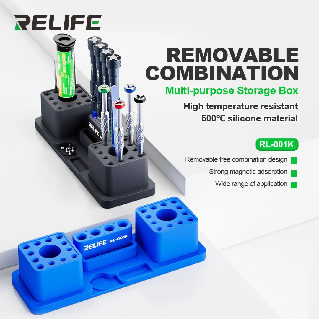 

RELIFE RL-001K Универсальный ящик для хранения Съемный комбинированный устойчивый к высоким температурам 500 ℃ Силиконовый материал/сильный магнит