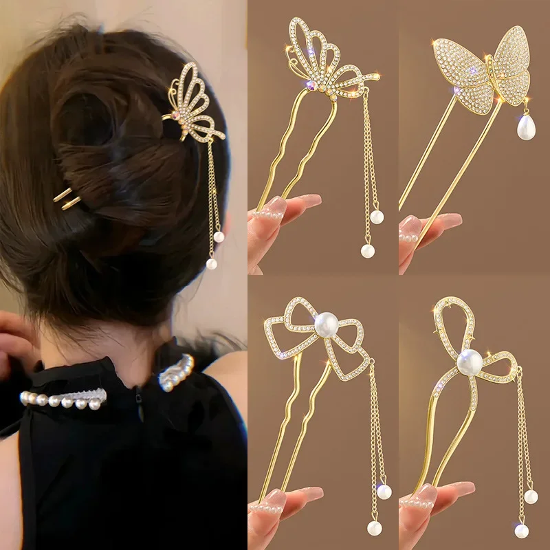 Antique style pearl rhinestone high-end U-shaped tassel hairpin new Chinese style bow headband  headpiece coiled hair accessory