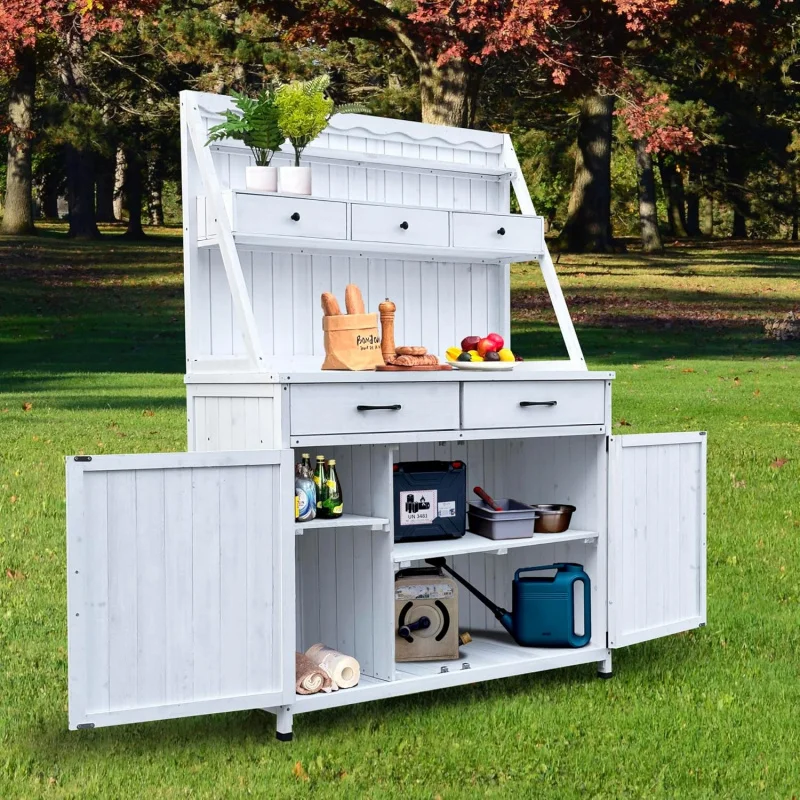 

2026 New：Farmhouse Outdoor Table with Cabinet, Fir Wood Potting Plant, Large Garden Storage