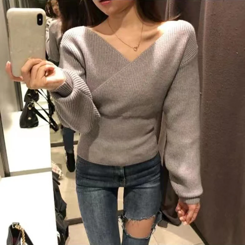 Autumn Winter Sexy Cross V-Neck Women\'s Sweaters Slim Female Jumper Casual Long Sleeve Knitted Bottoming Tops