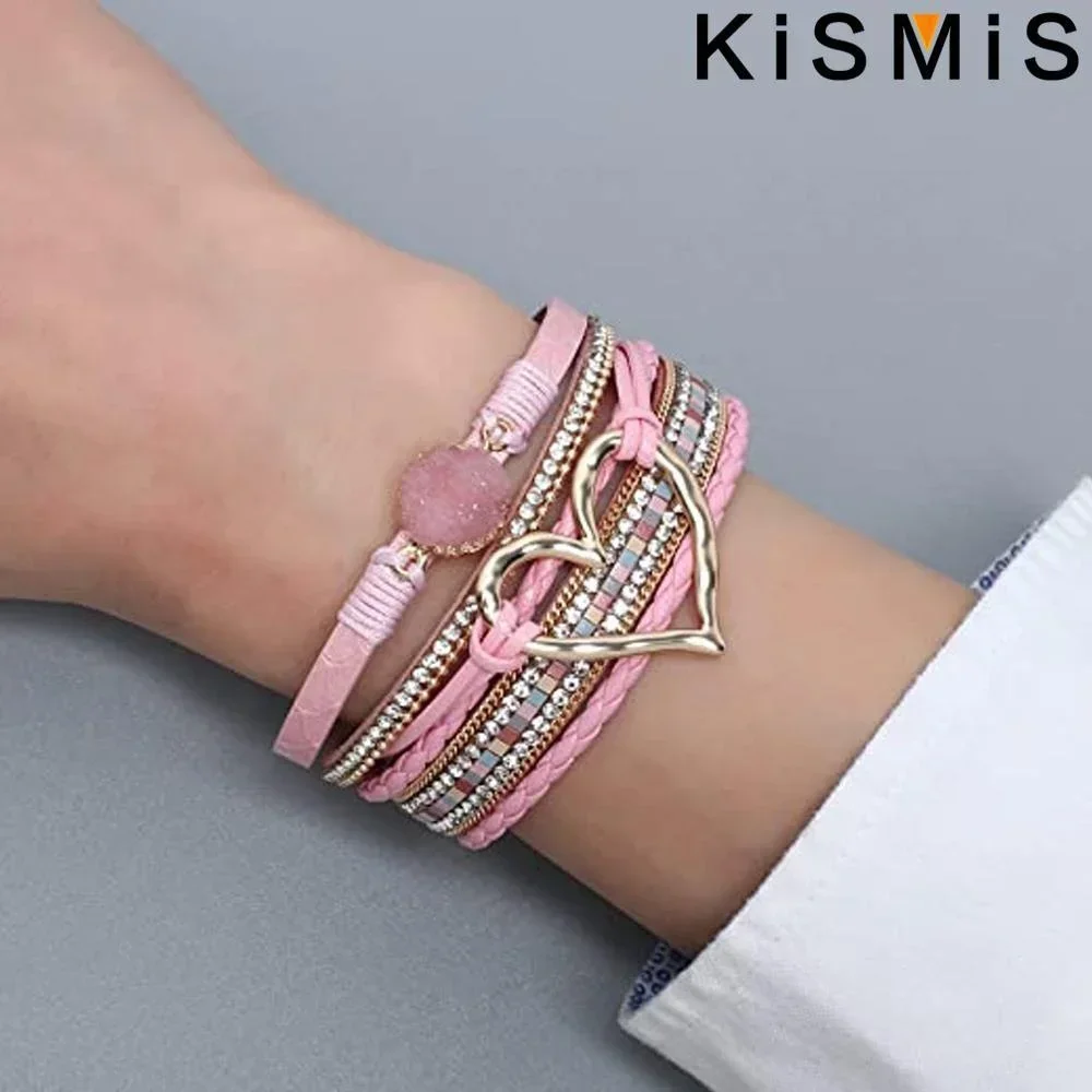 KISMIS 1pcs Fashion Braided Leather Wrap Cuff Multilayer Beaded Cross Bracelet Modern Bohemian Bracelet