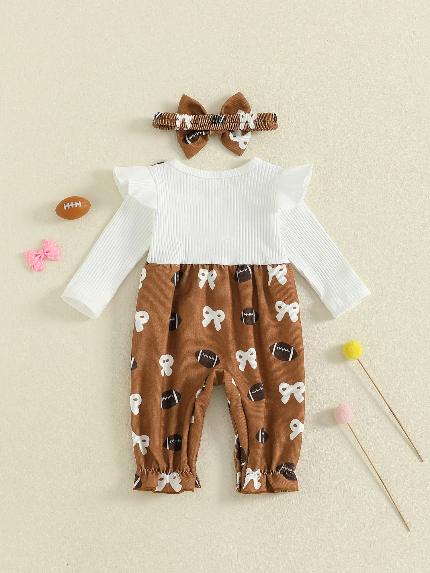 

Infant Girls Autumn Bodysuit Soccer Ball Patterned Sleeves Faux Two-Piece Round Neck Playsuit with Matching Headband Set