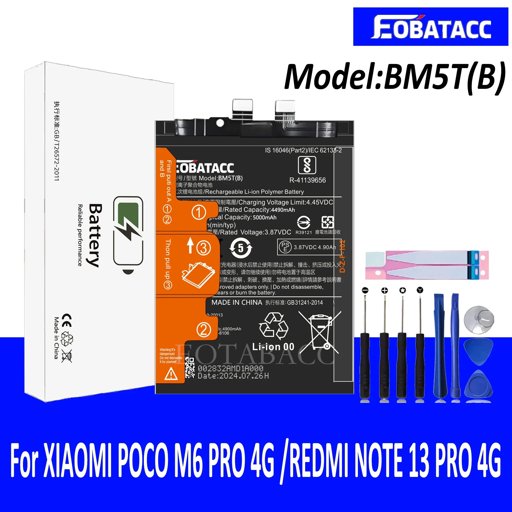 EOTABACC 100% New Original Battery BM5T(B) For XIAOMI POCO M6 PRO 4G /REDMI NOTE 13 PRO 4G Battery +Tools