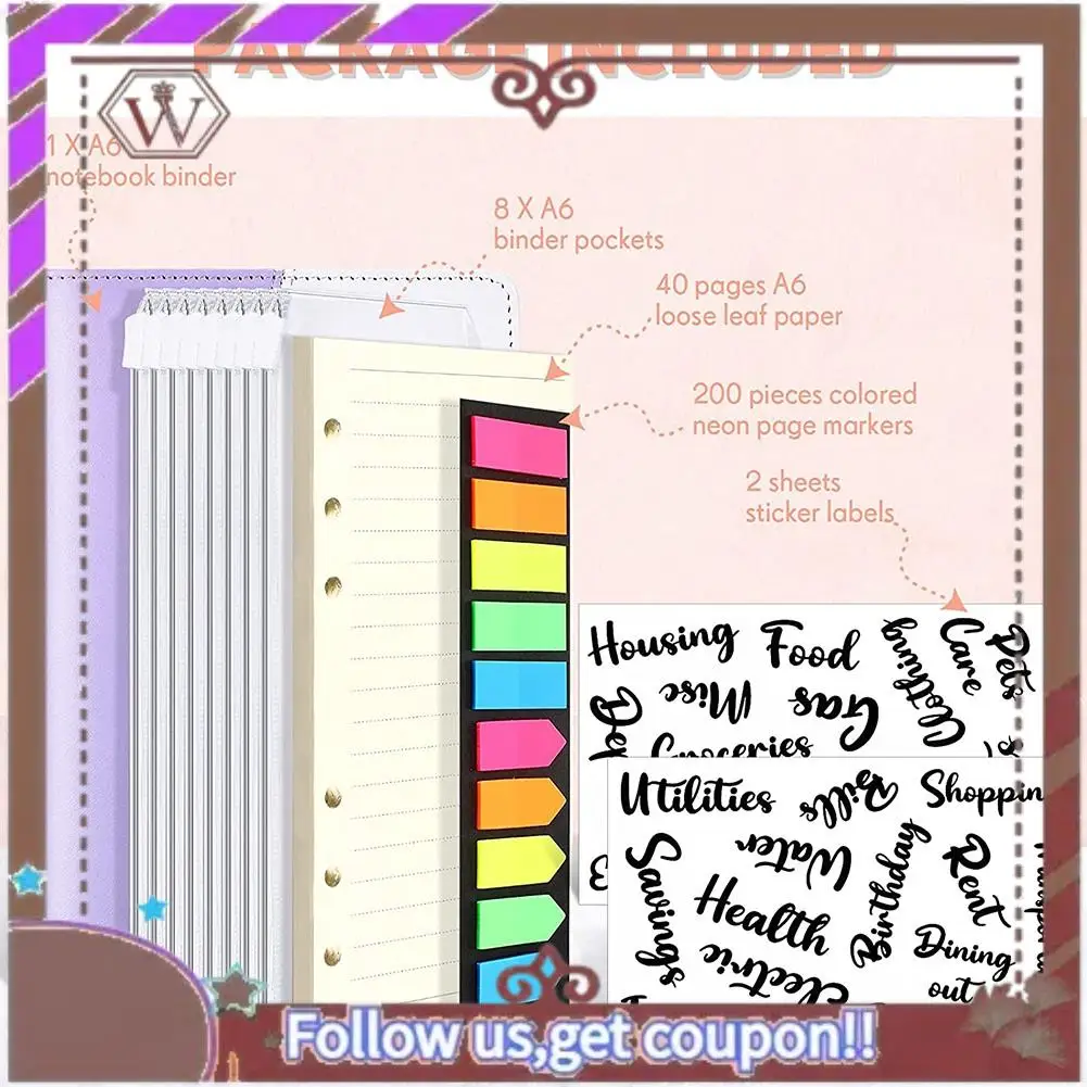 

Latest A6 PU Notebook Binder Budget Planner Organizer Letter Sticker Cash Budget Label Pocket Loose Leaf Paper Neon Page