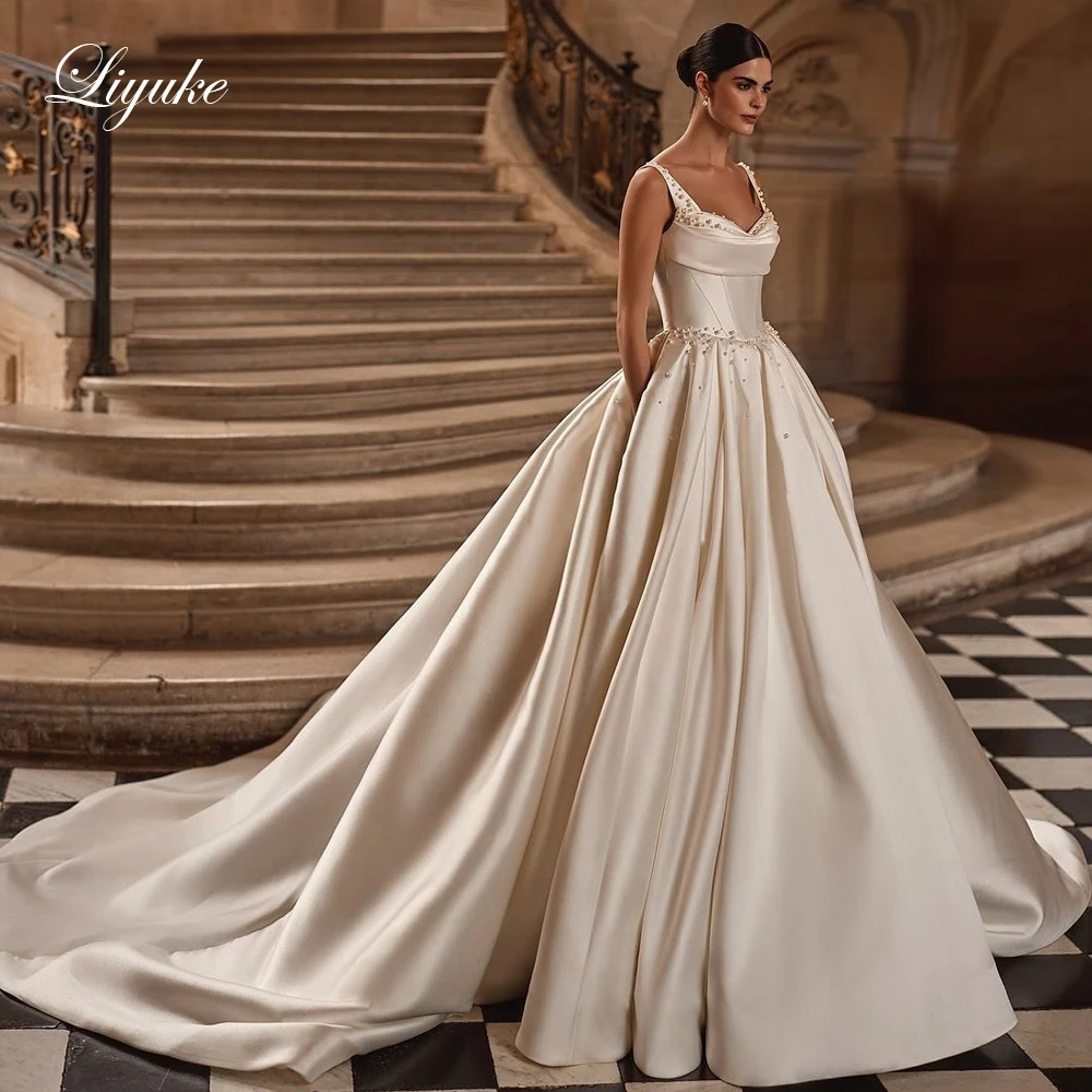 

Liyuke Customize Made Luxury Satin Ball Gown Wedding dresses Spaghetti Straps Beading Pearls Elegant Bridal Gowns