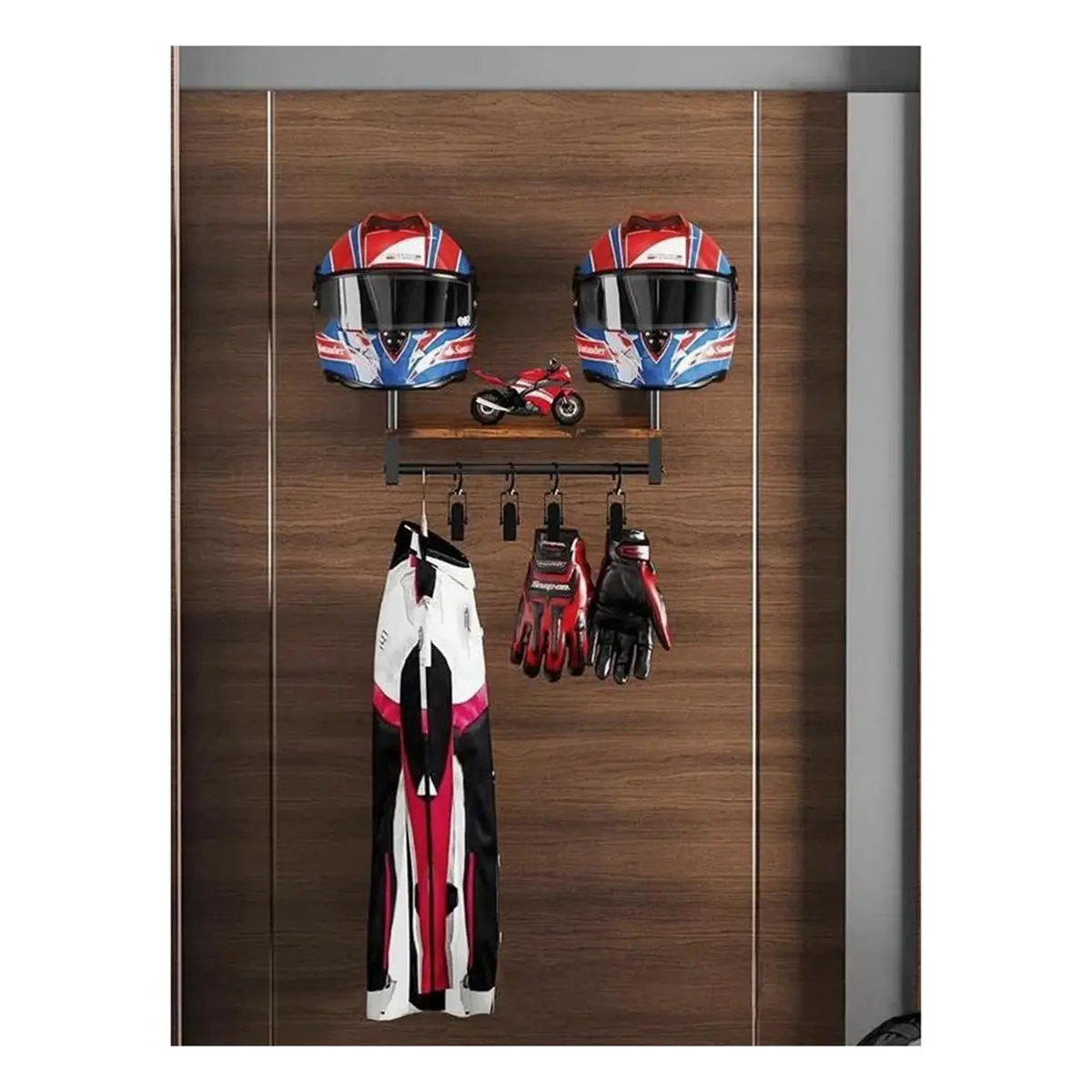 

AD10 Wall-Mounted Wooden Motorcycle Helmet and Leather Jacket Stand - Household Gear Organizer